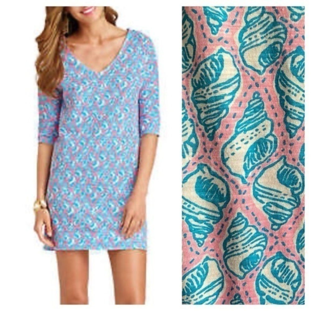Lilly Pulitzer Eliza Cosmo Pink A Little Bit Tipsy Blue Shells Print Dress Small